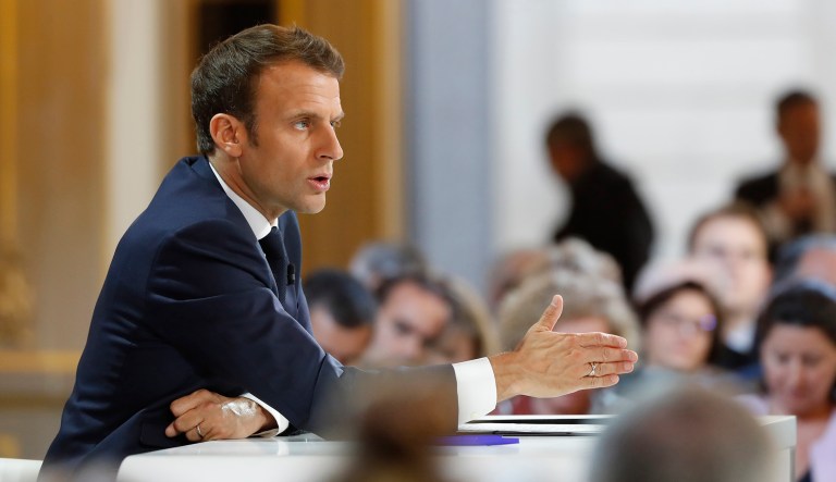 French President Emmanuel Macron delivers a speech at the Elysee Palace in Paris.