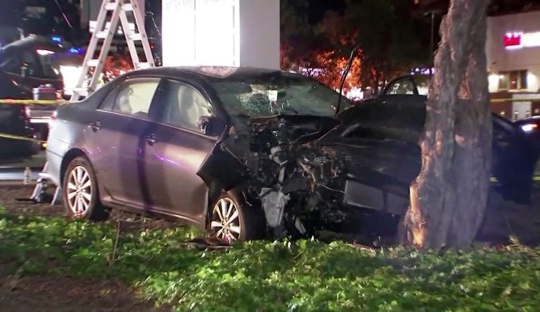  This April 23, 2019, file image from video provided by KGO-TV, shows the scene of a car crash where several pedestrians were struck and injured in Sunnyvale, Calif.