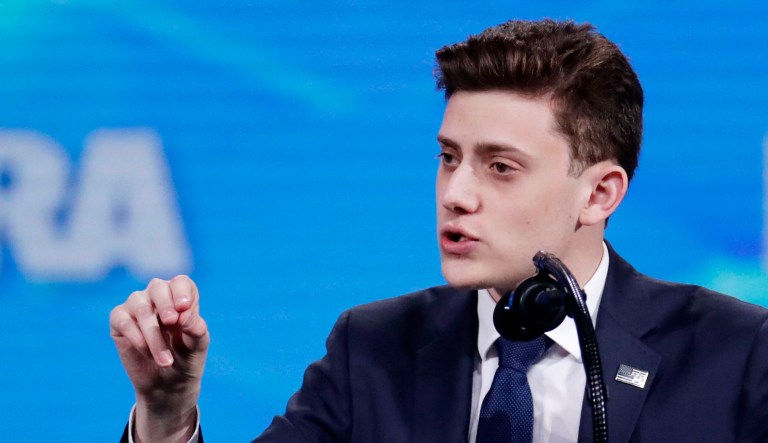 Kyle Kashuv, survivor of the Stoneman Douglas High School shooting, speaks at the National Rifle Association Institute for Legislative Action Leadership Forum in Lucas Oil Stadium in Indianapolis.