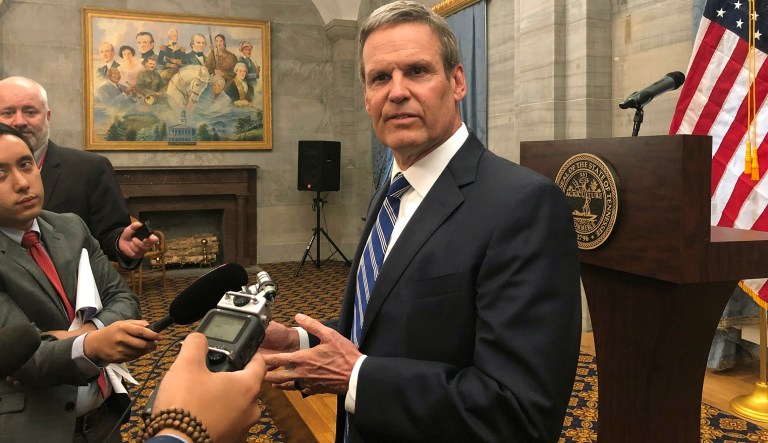 In this April 25, 2019 file photo, Republican Tennessee Gov. Bill Lee talks to reporters at the Capitol in Nashville, Tenn.