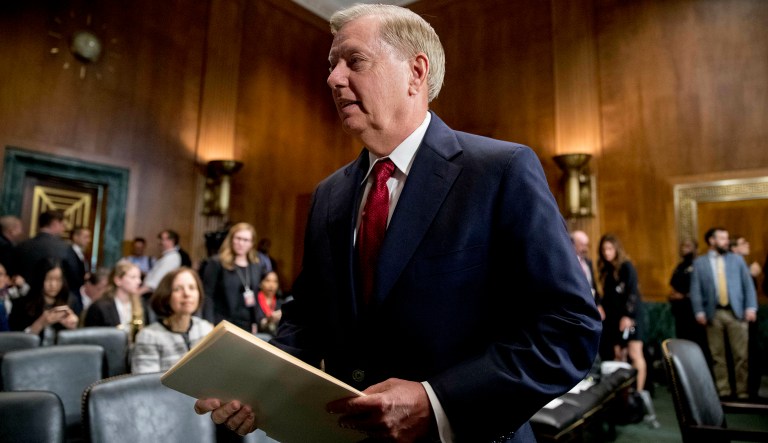 Chairman Sen. Lindsey Graham, R-S.C., arrives for a Senate Judiciary Committee hearing on Capitol Hill in Washington, Wednesday, May 1, 2019, where Attorney General William Barr will testify on the Mueller report.