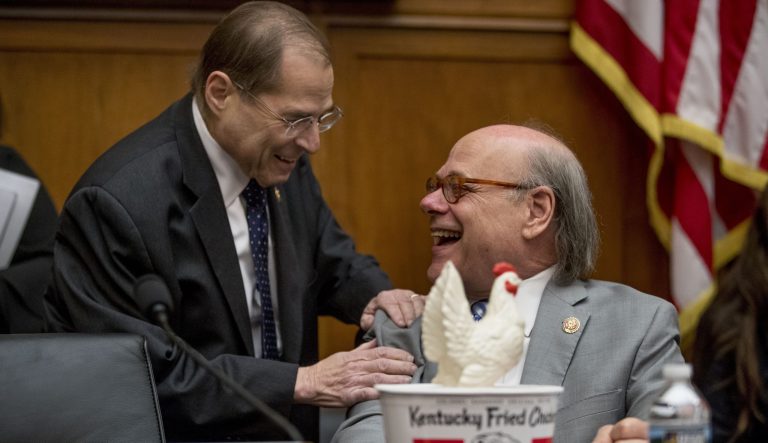 Judiciary Committee Chairman Jerrold Nadler, D-N.Y., left, laughs with Rep. Steve Cohen, D-Tenn., right, after Cohen arrived with a bucked of fried chicken and a prop chicken as Attorney General William Barr will not appear before a House Judiciary Committee hearing on Capitol Hill in Washington, Thursday, May 2, 2019.