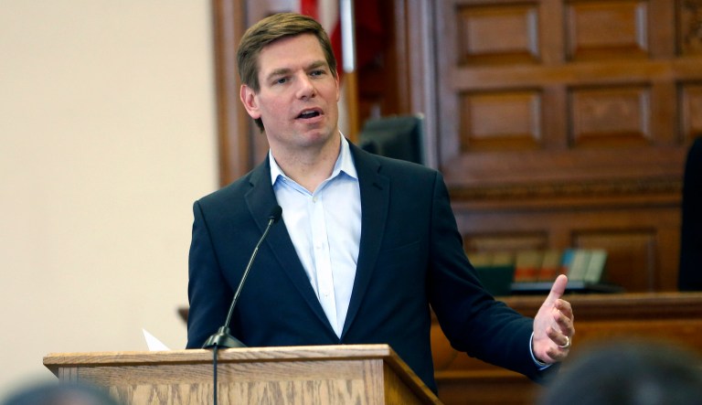Presidential hopeful Rep. Eric Swalwell, D-Calif., speaks during a Law Day event at the Dubuque County Courthouse on Friday in Dubuque, Iowa. 