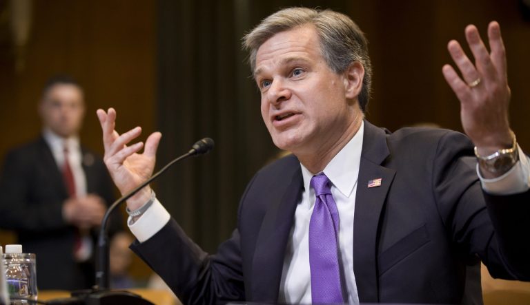FBI Director Christopher Wray testifies during a hearing of the Appropriations Subcommittee for Commerce, Justice, Science, and Related Agencies, on Capitol Hill, Tuesday, May 7, 2019 in Washington. 