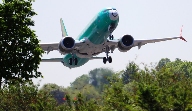 A Boeing 737 MAX 8 jetliner being built for Turkish Airlines takes off on a test flight, Wednesday, May 8, 2019, in Renton, Wash. Passenger flights using the plane remain grounded worldwide as investigations into two fatal crashes involving the airplane continue.