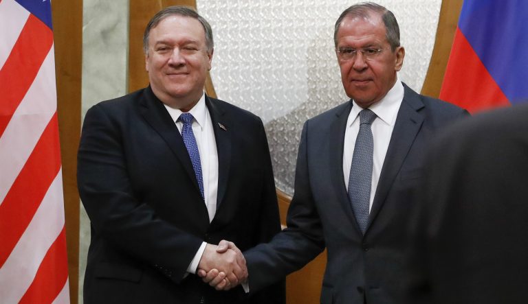 U.S. Secretary of State Mike Pompeo, left, and Russian Foreign Minister Sergey Lavrov pose for a photo prior to their talks in the Black Sea resort city of Sochi, southern Russia, Tuesday, May 14, 2019. Pompeo's first trip to Russia starts Tuesday in Sochi, where he and Russian Foreign Minister Sergey Lavrov are sitting down for talks and then having a joint meeting with President Vladimir Putin. 