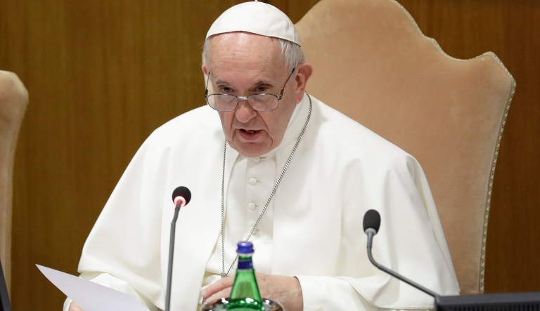 Pope Francis delivers his speech during a meeting of the Italian Bishops Conference, at the Vatican, Monday, May 20, 2019.
