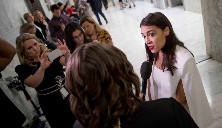 Rep. Alexandria Ocasio-Cortez, D-New York, speaks on Capitol Hill in Washington.