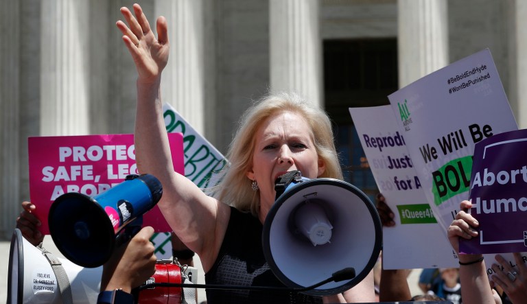 Democratic presidential candidate Sen. Kirsten Gillibrand, D-N.Y., speaks during a protest against abortion bans, Tuesday, May 21, 2019, outside the Supreme Court in Washington.