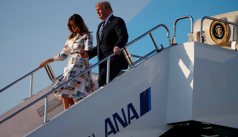 President Donald Trump and fist lady Melania Trump arrive at Haneda International Airport for a state visit, Saturday, May 25, 2019, in Tokyo.