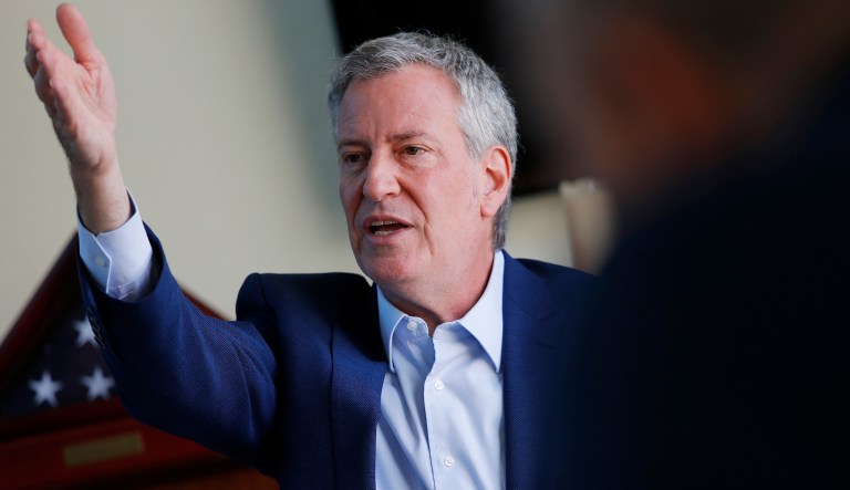 Democratic presidential candidate New York Mayor Bill de Blasio speaks at an event with veterans and military families, Saturday, May 25, 2019, in Las Vegas. 