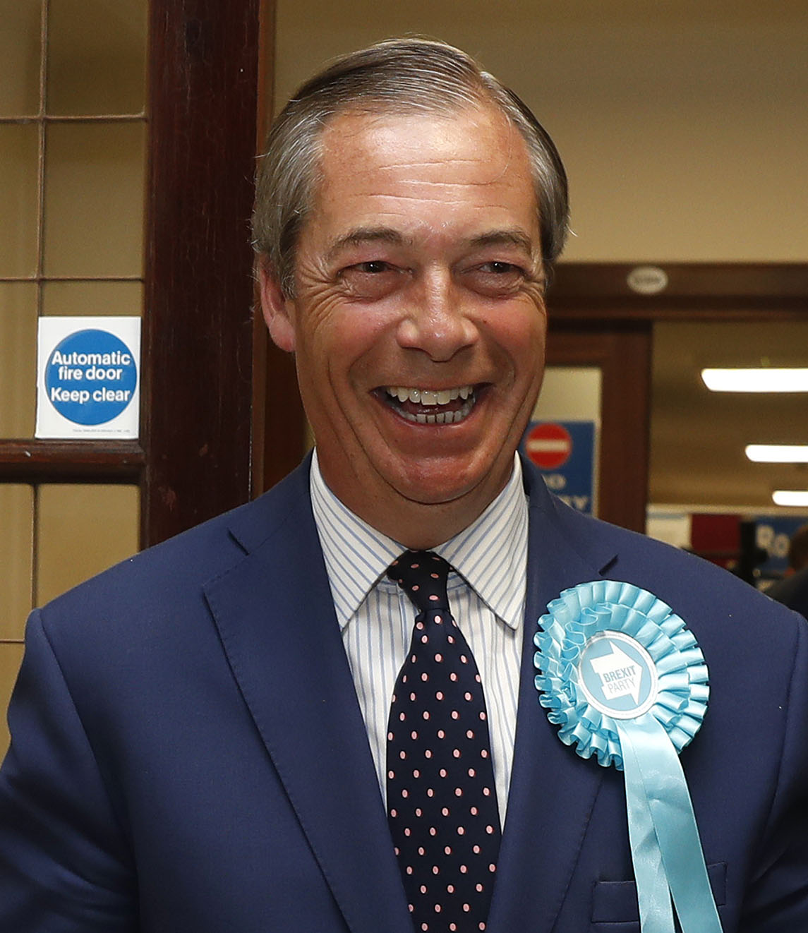 Brexit Party leader Nigel Farage smiles as he arrives at the counting center for the European Elections for the South East England region in Southampton, U.K.