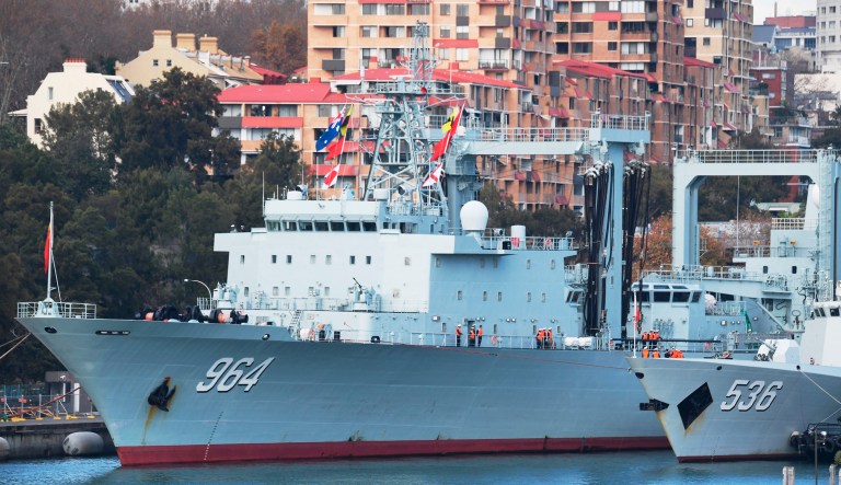 A Chinese naval ship is seen as it docks with two others, after arriving at Garden Island Naval Base in Sydney, Monday, June 3, 2019. Three Chinese warships arrived in Sydney Harbor on Monday morning on a four-day visit. Australian Prime Minister Scott Morrison said the Chinese ships had come to Sydney on their way home from the Middle East on a reciprocal visit after Australian warships had traveled to China.