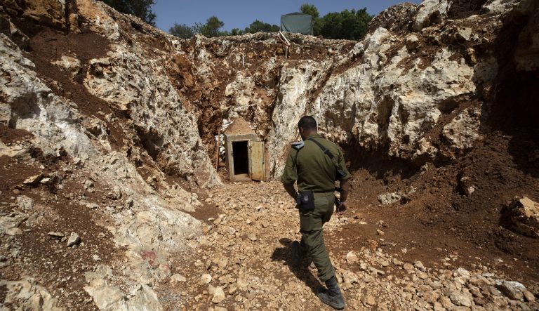 Israeli soldiers stand outside a tunnel that the army says crosses from Lebanon to Israel, in Zarit, northern Israel, Monday, June 3, 2019. (The Israeli military says it has finished sealing the last of a series of Hezbollah attack tunnels under the country's northern border with Lebanon, roughly six months after they were found.)