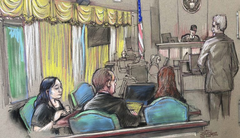 In this April 15, 2019 court sketch, Yujing Zhang, left, a Chinese woman charged with lying to illegally enter President Donald Trump's Mar-a-Lago club, listens to a hearing before Magistrate Judge William Matthewman in West Palm Beach, Fla.