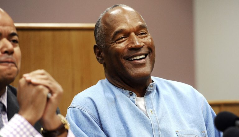 In this July 20, 2017 photo, former NFL football star O.J. Simpson reacts after learning he was granted parole at Lovelock Correctional Center in Lovelock, Nev. 