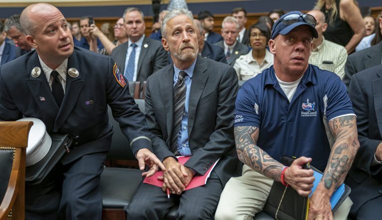 Entertainer and activist Jon Stewart lends his support to firefighters, first responders and survivors of the September 11 terror attacks at a hearing by the House Judiciary Committee as it considers permanent authorization of the Victim Compensation Fund, on Capitol Hill in Washington, Tuesday, June 11, 2019. 