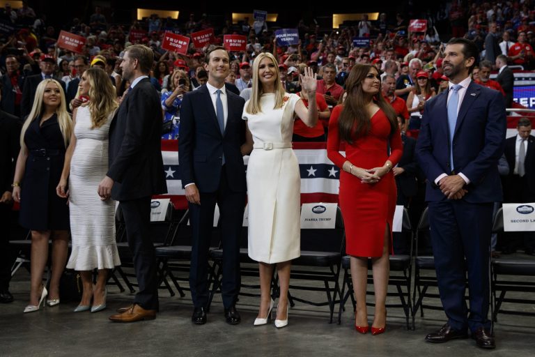 The family of President Trump, from left, Tiffany Trump, Lara Trump, Eric Trump, Jared Kushner, Ivanka Trump, Kimberly Guilfoyle, and Donald Trump Jr., arrive for his reelection kickoff rally at the Amway Center on June 18, 2019, in Orlando.