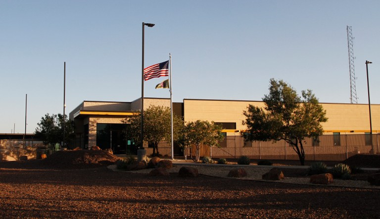 This June 20, 2019 frame from video shows the entrance of a Border Patrol station in Clint, Texas. 