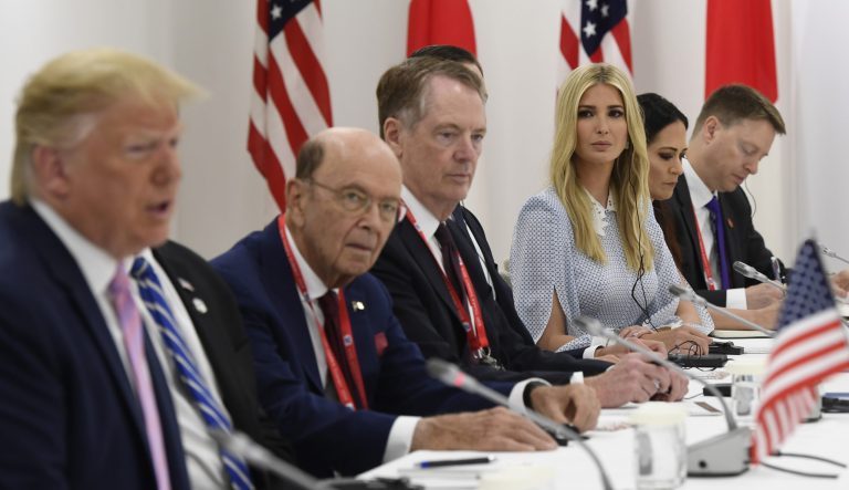 Ivanka Trump attends a bilateral meeting with her father President Donald Trump and Japanese Prime Minister Shinzo Abe during a meeting on the sidelines of the G-20 summit in Osaka, Japan, Friday, June 28, 2019.