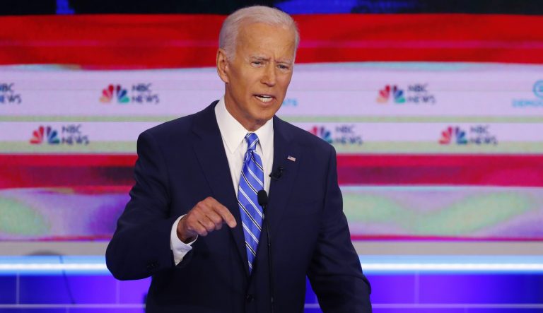 Democratic presidential candidate former Vice-President Joe Biden, speaks during the Democratic primary debate hosted by NBC News at the Adrienne Arsht Center for the Performing Art, Thursday, June 27, 2019, in Miami. 