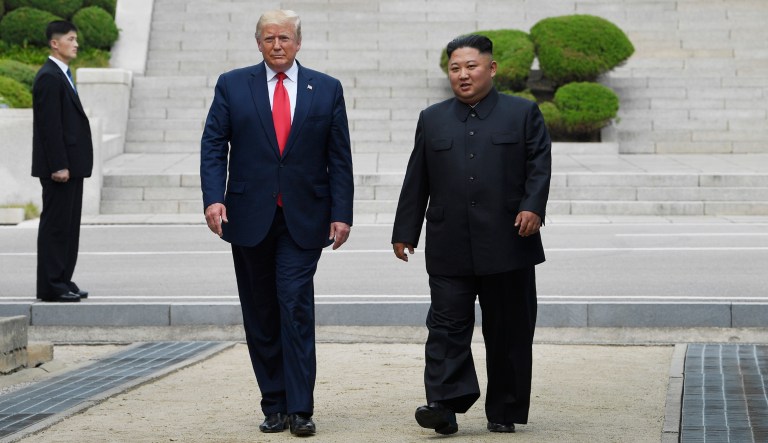 President Trump and North Korean leader Kim Jong Un, stand on the North Korean side of the border in the Demilitarized Zone, Sunday, June 30, 2019 in North Korea. 