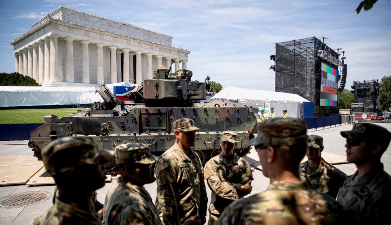 One of two Bradley Fighting Vehicles is driven into place in front of the Lincoln Memorial for President Trump's 'Salute to America' event honoring service branches on Independence Day.