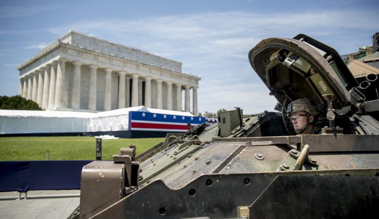 One of two Bradley Fighting Vehicles waits to be driven into place in front of the Lincoln Memorial for President Donald Trump's 'Salute to America' event honoring service branches on Independence Day, Tuesday, July 2, 2019, in Washington. 