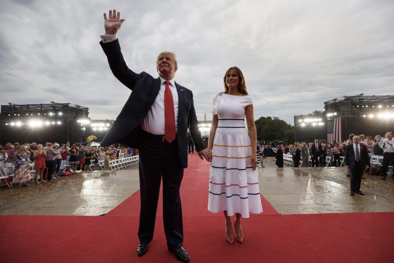 President Donald Trump and first lady Melania Trump leave an Independence Day celebration in front of the Lincoln Memorial, Thursday, July 4, 2019, in Washington.