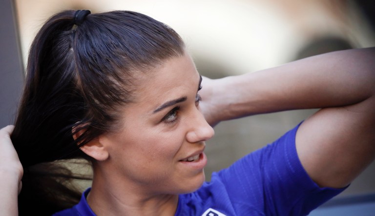 United States' Alex Morgan listens to reporters' questions during a media availability in a hotel in Lyon, France, on Friday.