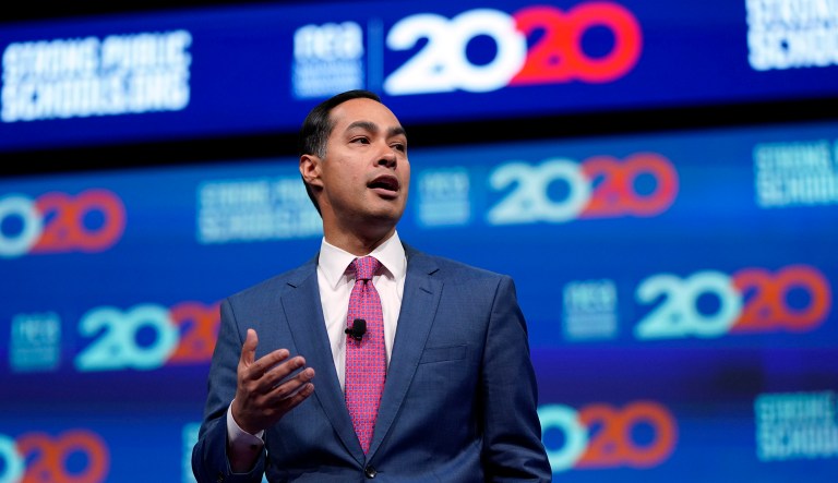 Democratic presidential candidate and former housing secretary Julian Castro speaks during the National Education Association Strong Public Schools Presidential Forum on Friday in Houston. 