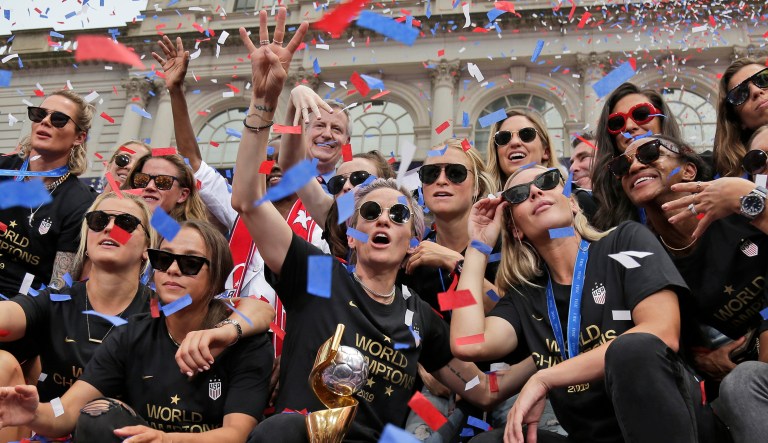 The U.S. women's soccer team celebrates at City Hall after a ticker tape parade, Wednesday, July 10, 2019 in New York. The U.S. national team beat the Netherlands 2-0 to capture a record fourth Women's World Cup title. 