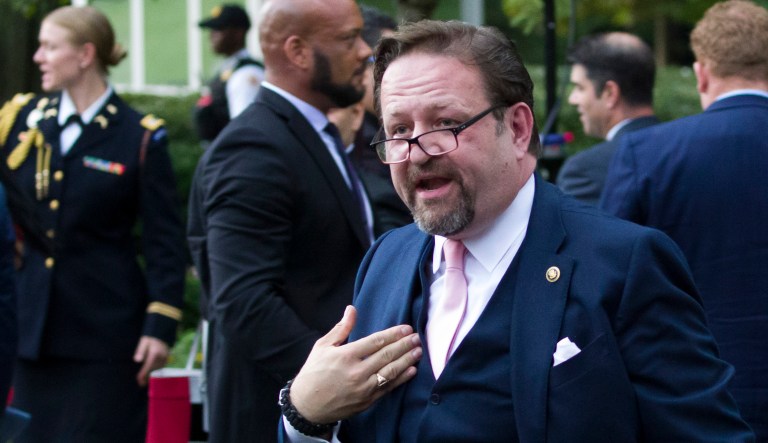 Radio host Sebastian Gorka, who was seated as a guest, moves to confront a journalist after President Trump spoke about the 2020 census in the Rose Garden of the White House, Thursday, July 11, 2019, in Washington. 