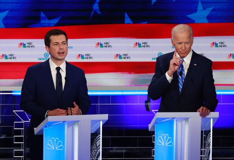 Democratic presidential candidate South Bend Mayor, Pete Buttigieg, left, speaks as former Vice-President Joe Biden gestures, during the Democratic primary debate hosted by NBC News at the Adrienne Arsht Center for the Performing Art,  Thursday, June 27, 2019, in Miami. 
