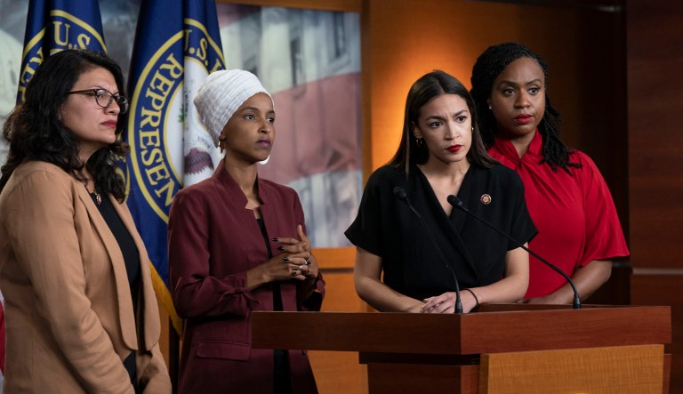 From left, Rep. Rashida Tlaib, D-Mich., Rep. Ilhan Omar, D-Minn., Rep. Alexandria Ocasio-Cortez, D-N.Y., and Rep. Ayanna Pressley, D-Mass., respond to remarks by President Trump after his call for the four Democratic congresswomen to go back to their "broken" countries.
