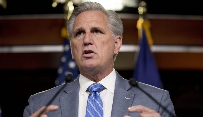 House Minority Leader Kevin McCarthy of Calif. meets with reporters on Capitol Hill in Washington, Thursday, July 18, 2019. 