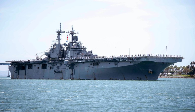 In this May 1, 2019, photo provided by the U.S. Navy, the amphibious assault ship USS Boxer is seen in San Diego, California.