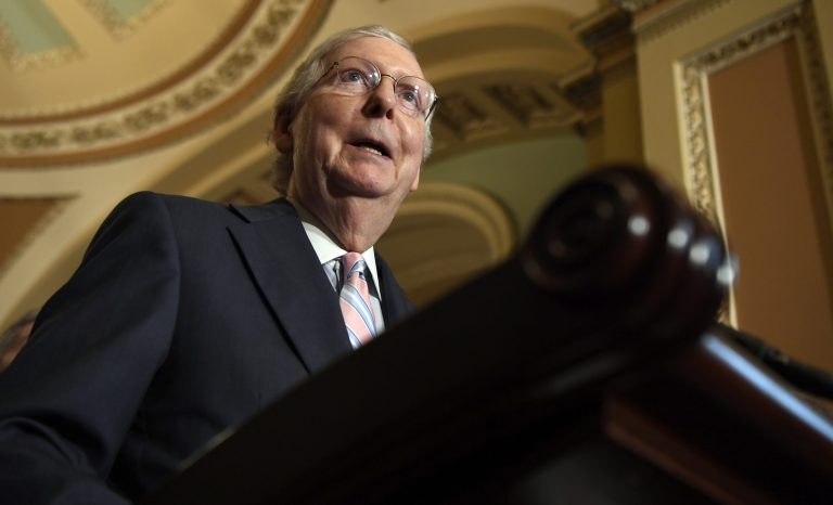 Senate Majority Leader Mitch McConnell of Ky., speaks to reporters following the weekly policy lunches on Capitol Hill in Washington, Tuesday, July 23, 2019. 