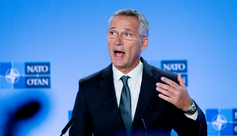 NATO Secretary General Jens Stoltenberg speaks during a media conference in Brussels.
