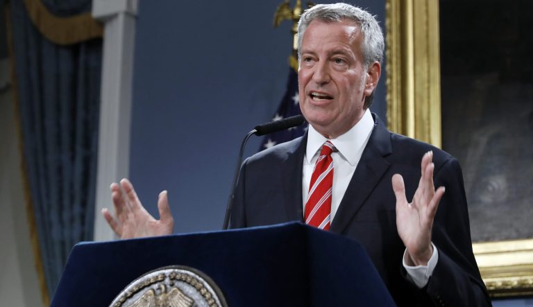 New York Mayor Bill de Blasio speaks at City Hall, Monday, Aug. 19, 2019. 