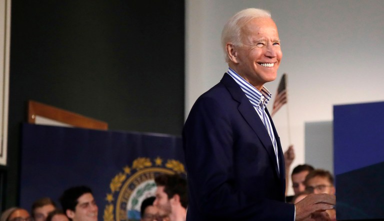 Democratic presidential candidate former Vice President Joe Biden smiles during a campaign event.