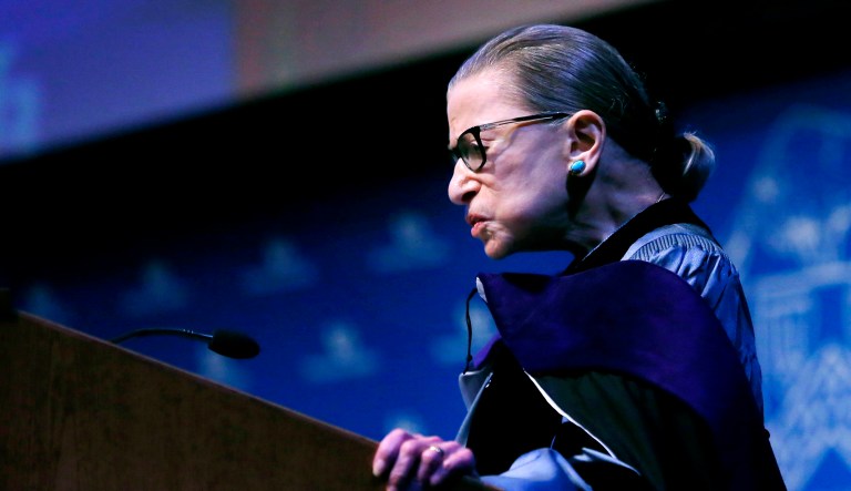 Supreme Court Associate Justice Ruth Bader Ginsburg speaks about her work at an event.