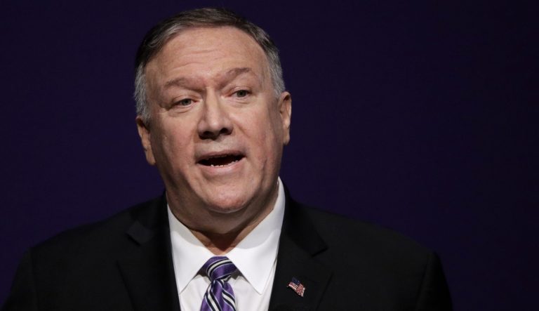 Secretary of State Mike Pompeo gives a speech at the London Lecture series at Kansas State University Friday, Sept. 6, 2019, in Manhattan, Kan. 