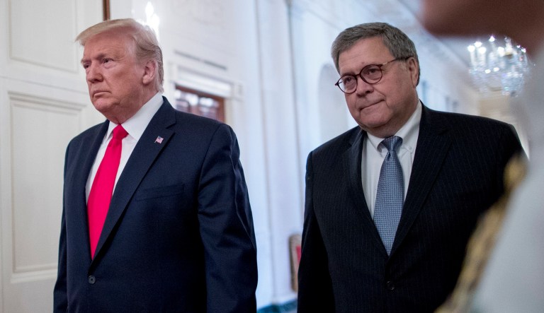 President Trump and Attorney General William Barr are seen.