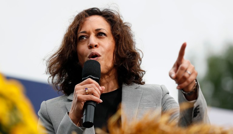 Democratic presidential candidate Sen. Kamala Harris speaks at the Polk County Democrats Steak Fry on Sept. 21, 2019, in Des Moines, Iowa. 