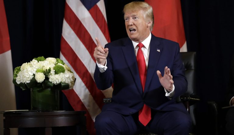 President Trump talks at the InterContinental Barclay New York hotel during the United Nations General Assembly, Wednesday, Sept. 25, 2019, in New York. 