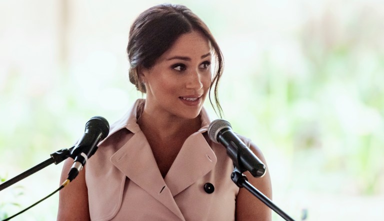 Meghan, the Duchess of Sussex, adresses members of the British and South African business communities at a reception in Johannesburg, Wednesday, Oct. 2, 2019. 