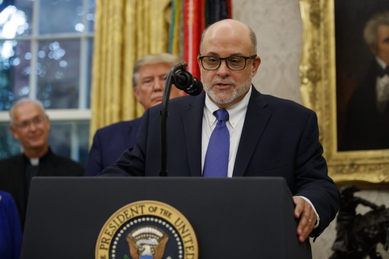 Mark Levin speaks, with President Donald Trump behind him, during a ceremony to present the Presidential Medal of Freedom to former Attorney General Edwin Meese, in the Oval Office of the White House, Tuesday, Oct. 8, 2019, in Washington. His Fox show Life, Liberty and Levin was No. 1 last Sunday on cable TV.