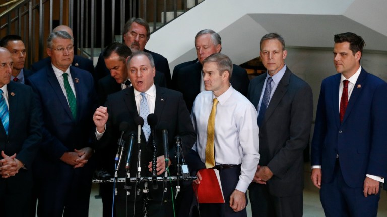 House Minority Whip Steve Scalise, R-La., speaks to members of the media with other House Republicans after Deputy Assistant Secretary of Defense Laura Cooper arrived for a closed door meeting to testify as part of the House impeachment inquiry into President Trump, Wednesday, Oct. 23, 2019, on Capitol Hill in Washington. 