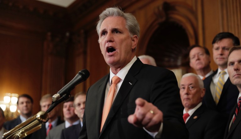House Minority Leader Kevin McCarthy of Calif., speaks during a news conference with other Republicans on Capitol Hill in Washington, Thursday, Oct. 31, 2019. 